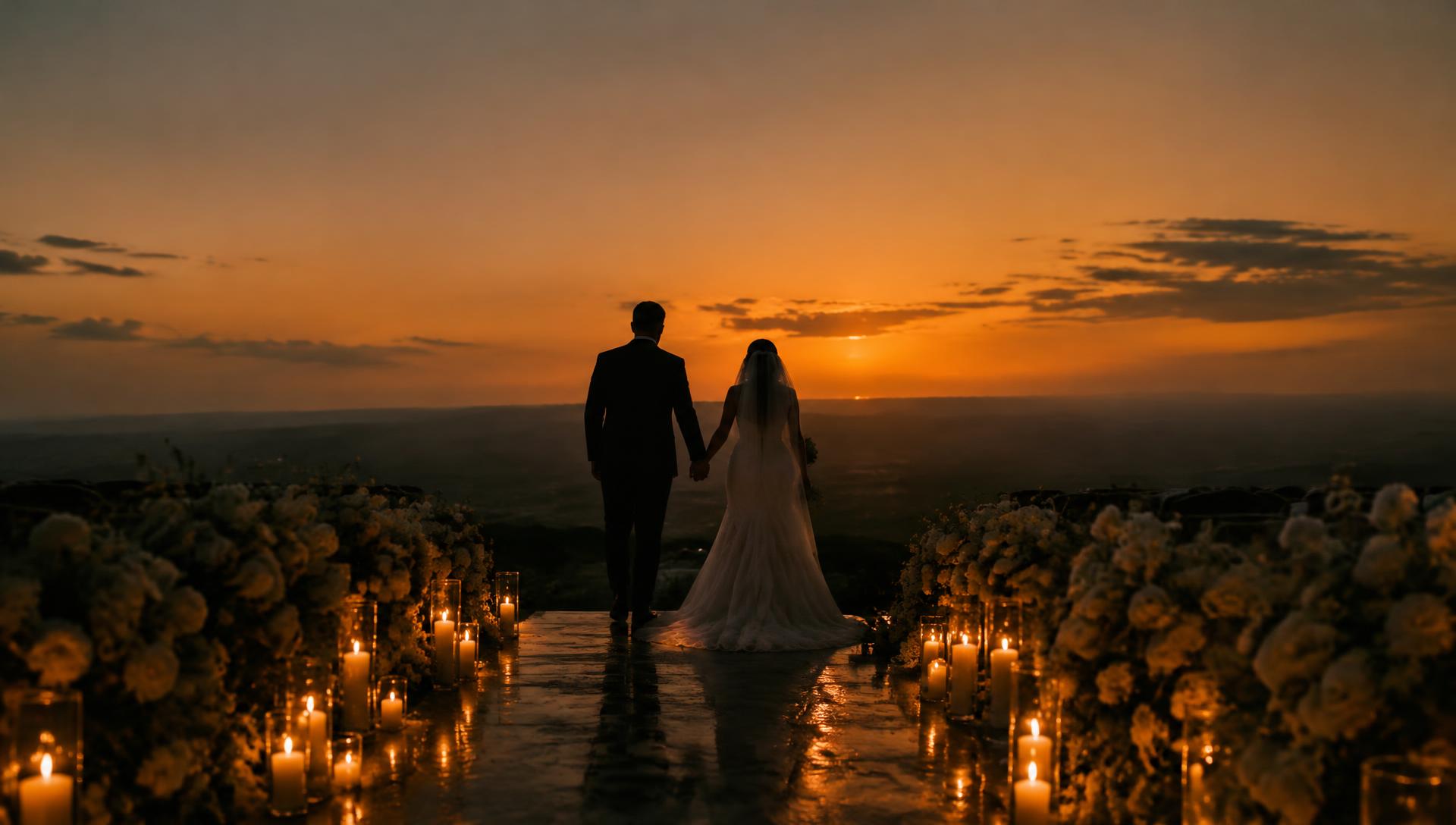 Pasangan pengantin berjalan di lorong lilin saat senja
